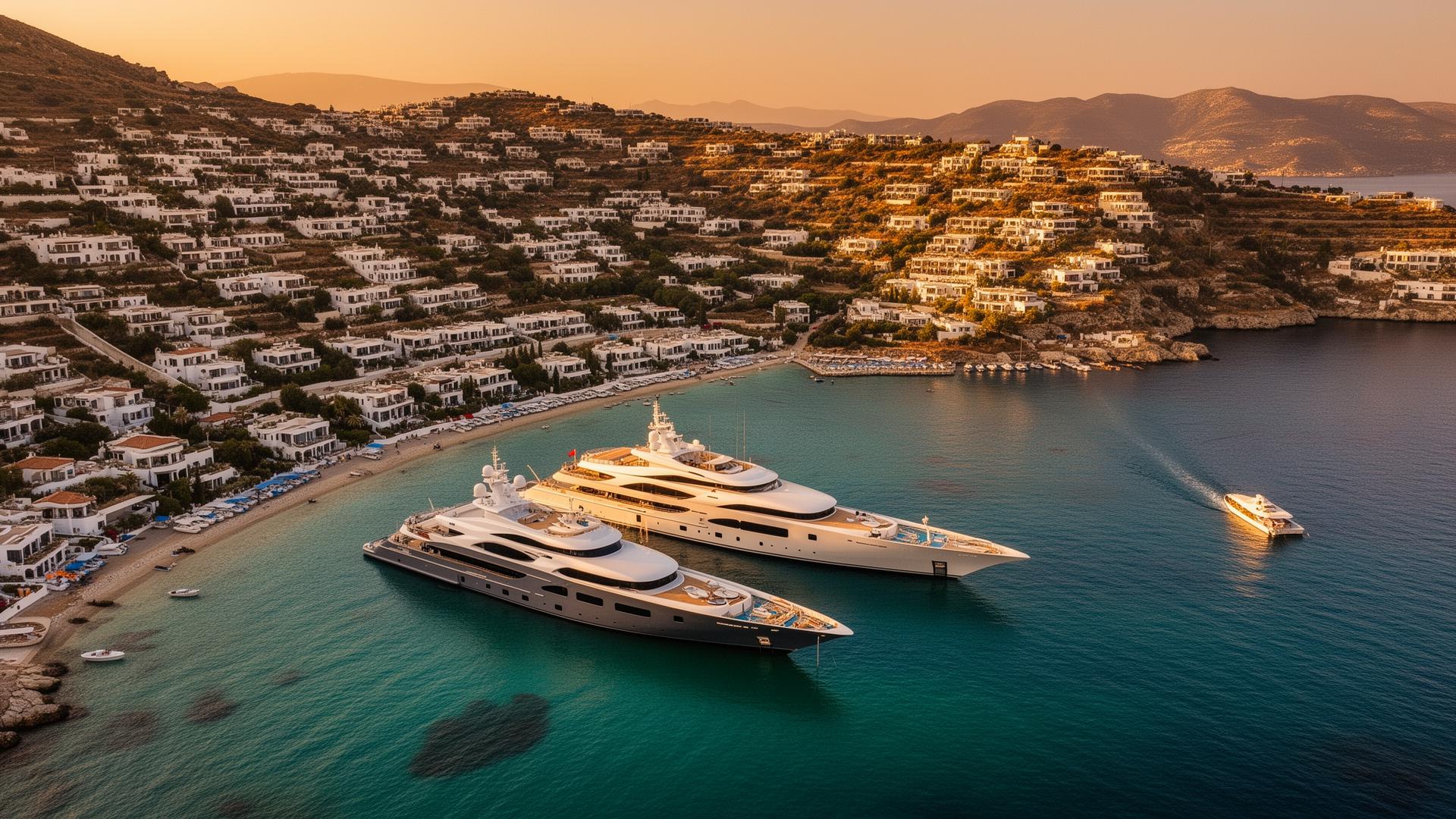 Aerial view of Bodrum coastline at golden hour with superyachts